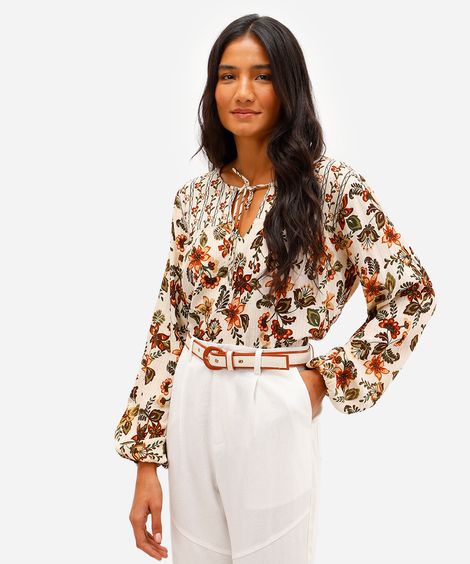bata feminina de viscose floral com lurex bege