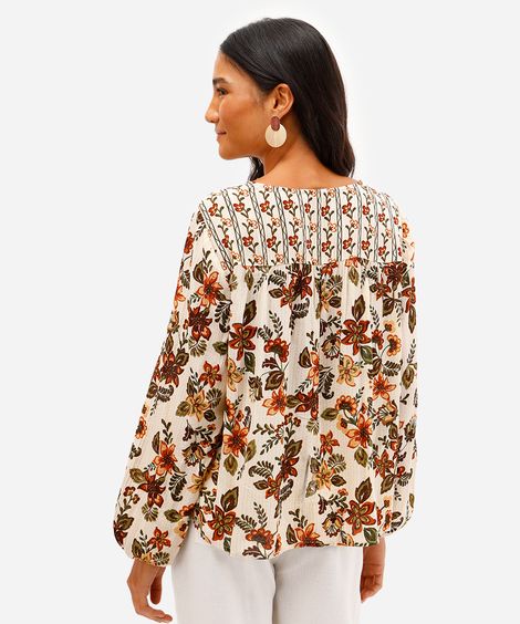 bata feminina de viscose floral com lurex bege