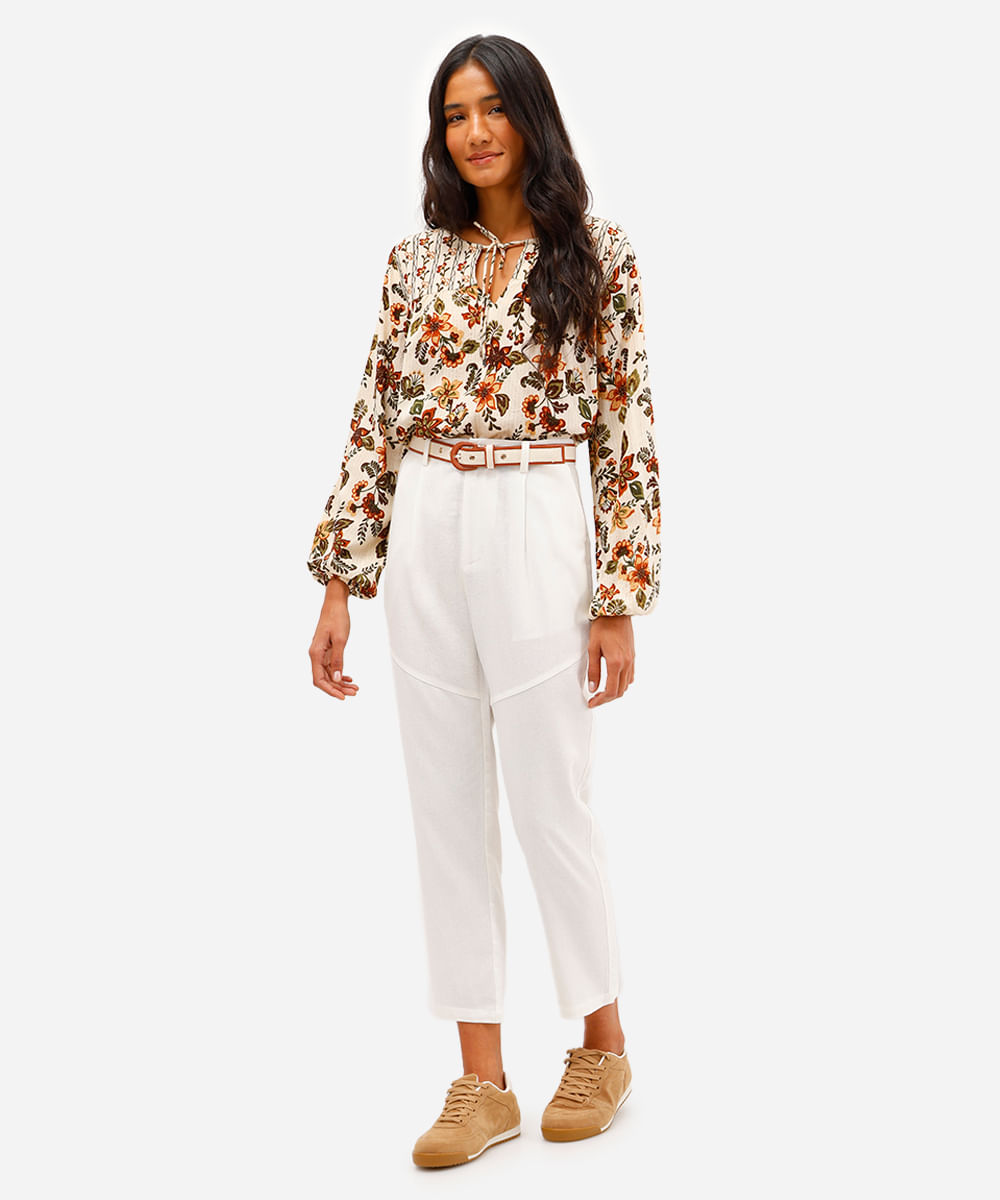bata feminina de viscose floral com lurex bege