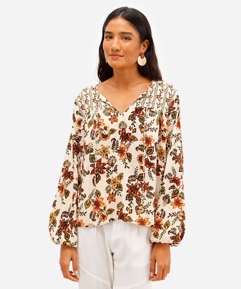 bata feminina de viscose floral com lurex bege