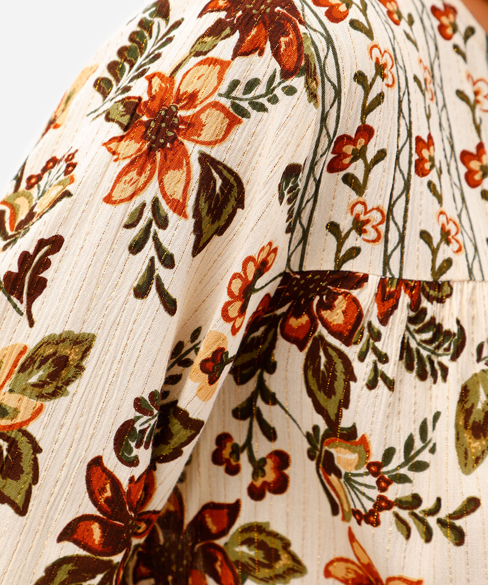 bata feminina de viscose floral com lurex bege