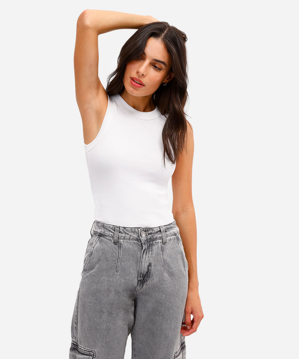 regata básica feminina de algodão canelada off white