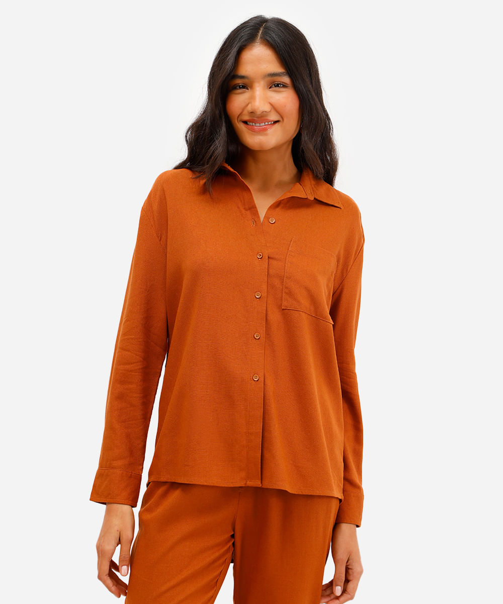camisa oversized feminina com linho manga longa marrom