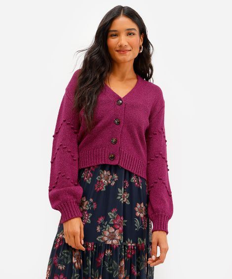 cardigan feminino decote v texturizado rosa