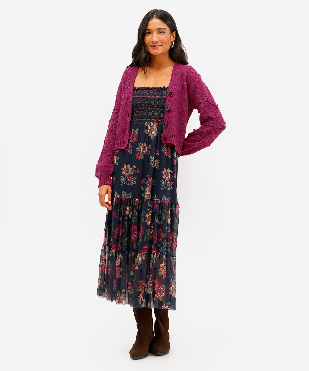 cardigan feminino decote v texturizado rosa