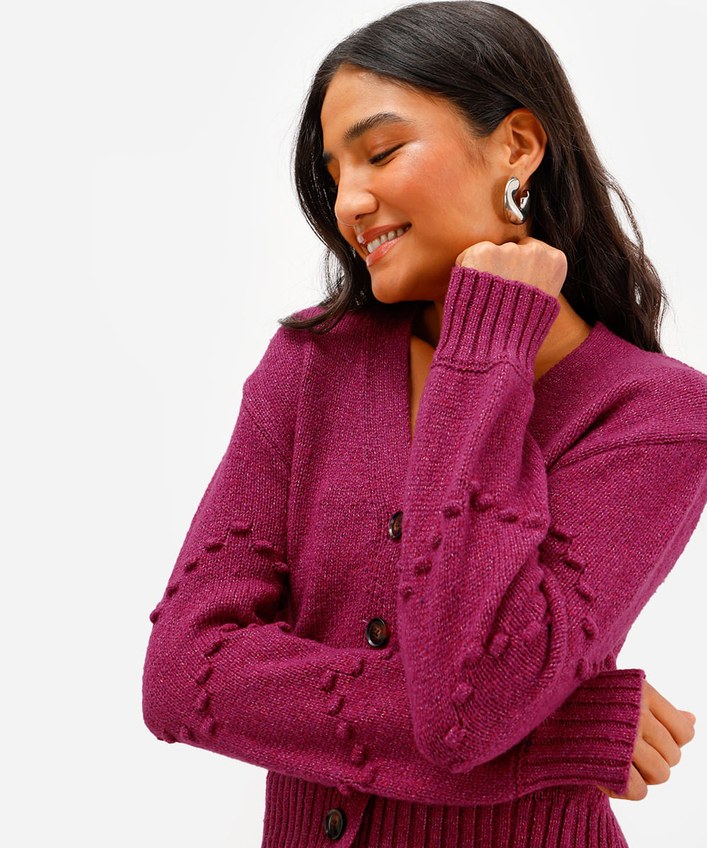 cardigan feminino decote v texturizado rosa