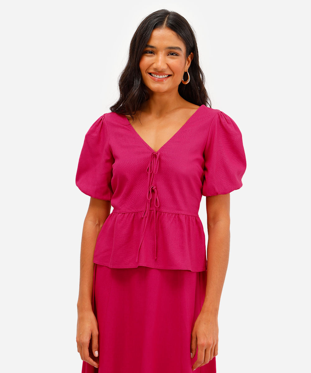 blusa feminina com linho manga bufante rosa