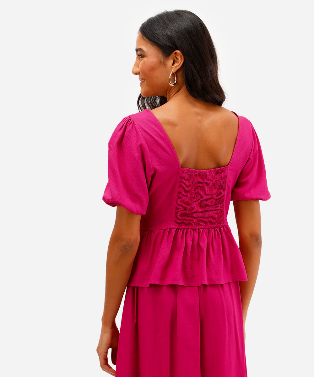 blusa feminina com linho manga bufante rosa