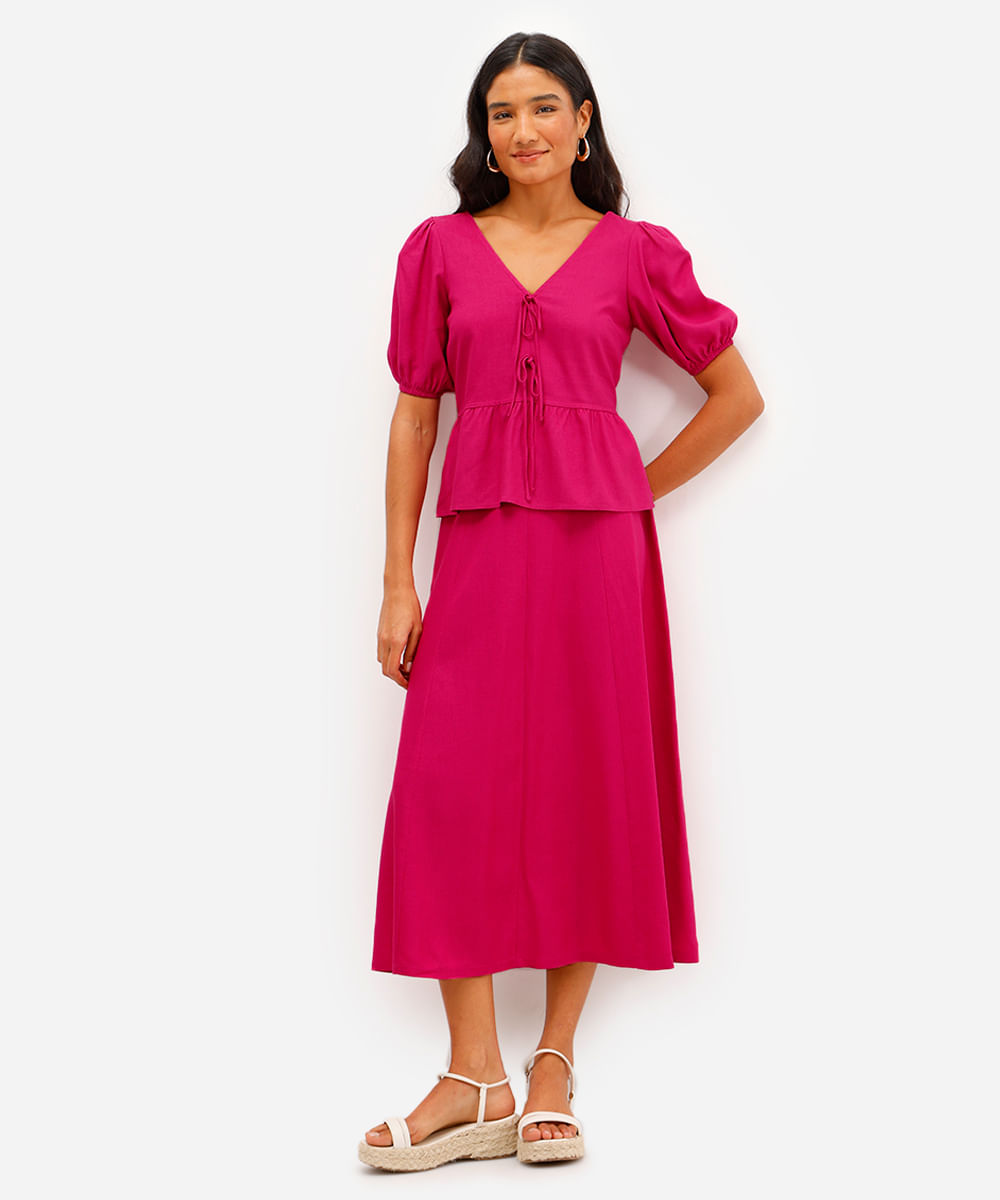 blusa feminina com linho manga bufante rosa