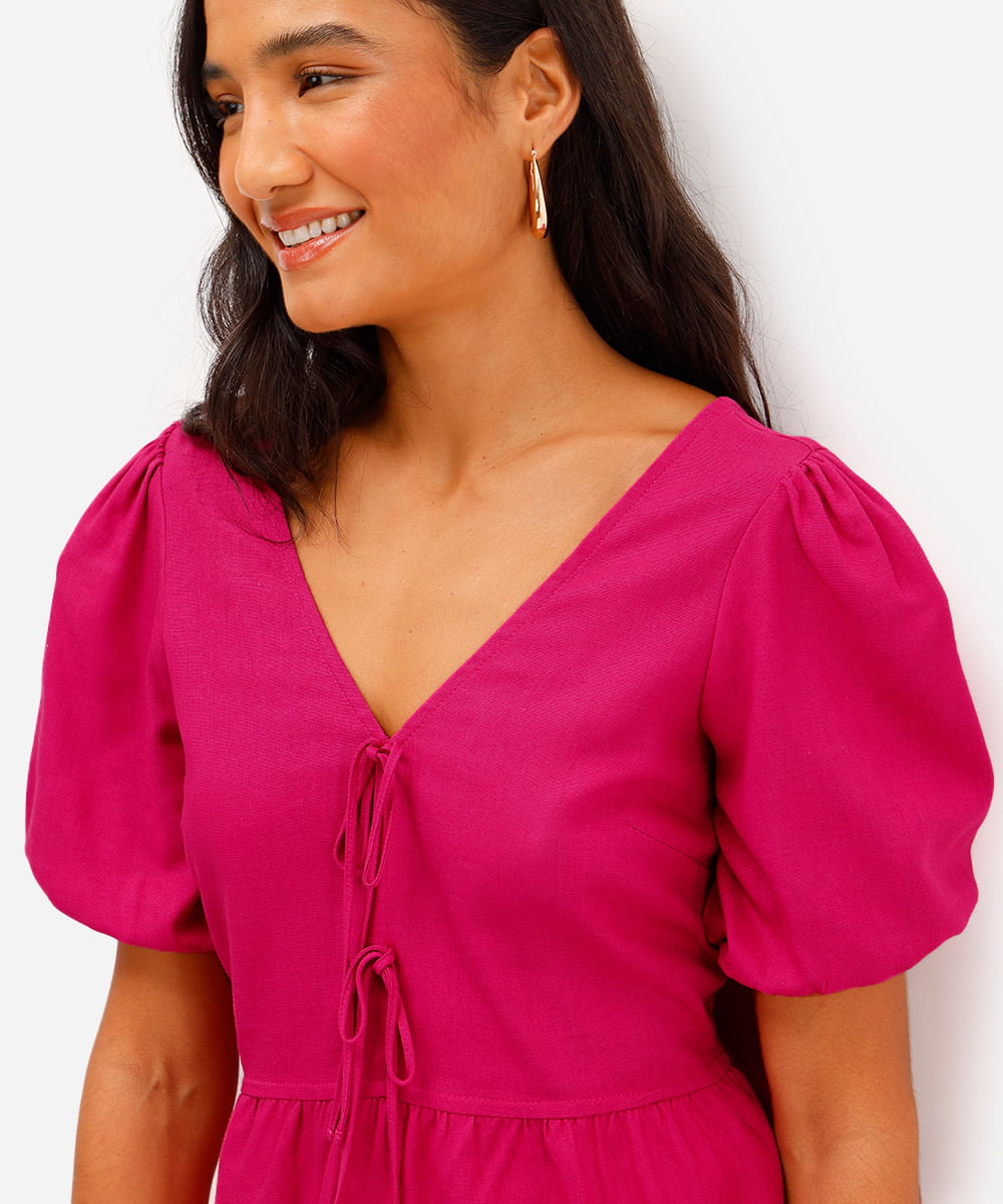 blusa feminina com linho manga bufante rosa