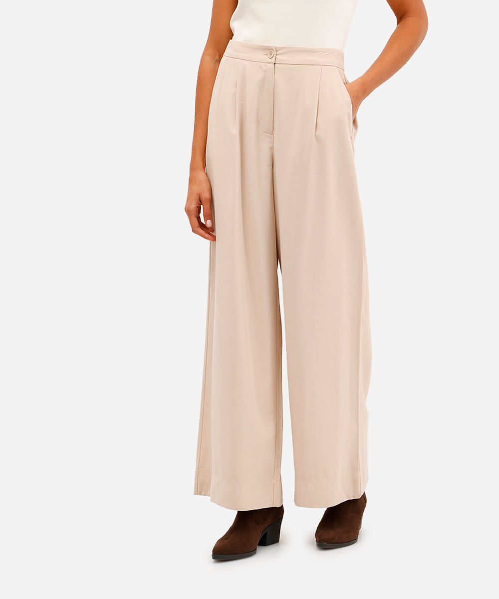 calça wide leg de viscose cintura alta com elástico - areia