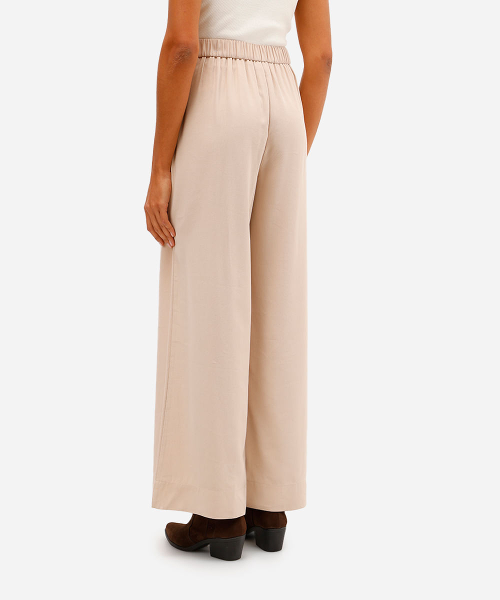 calça wide leg de viscose cintura alta com elástico - areia