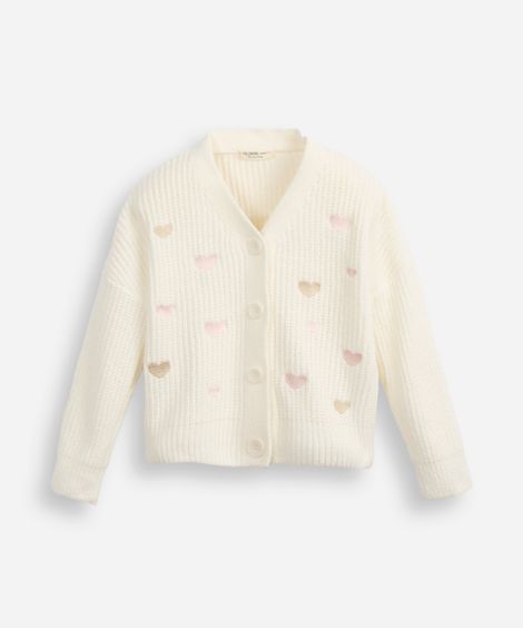 cardigan infantil de tricot bordado corações off white