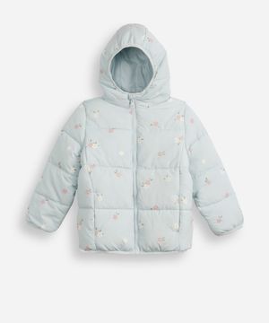 jaqueta puffer infantil com capuz floral azul