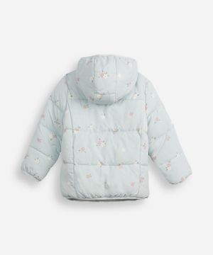 jaqueta puffer infantil com capuz floral azul