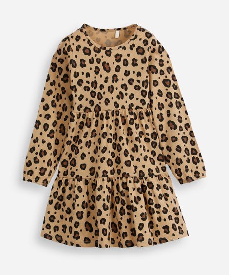 vestido de algodão infantil manga longa animal print bege