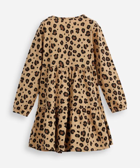 vestido de algodão infantil manga longa animal print bege
