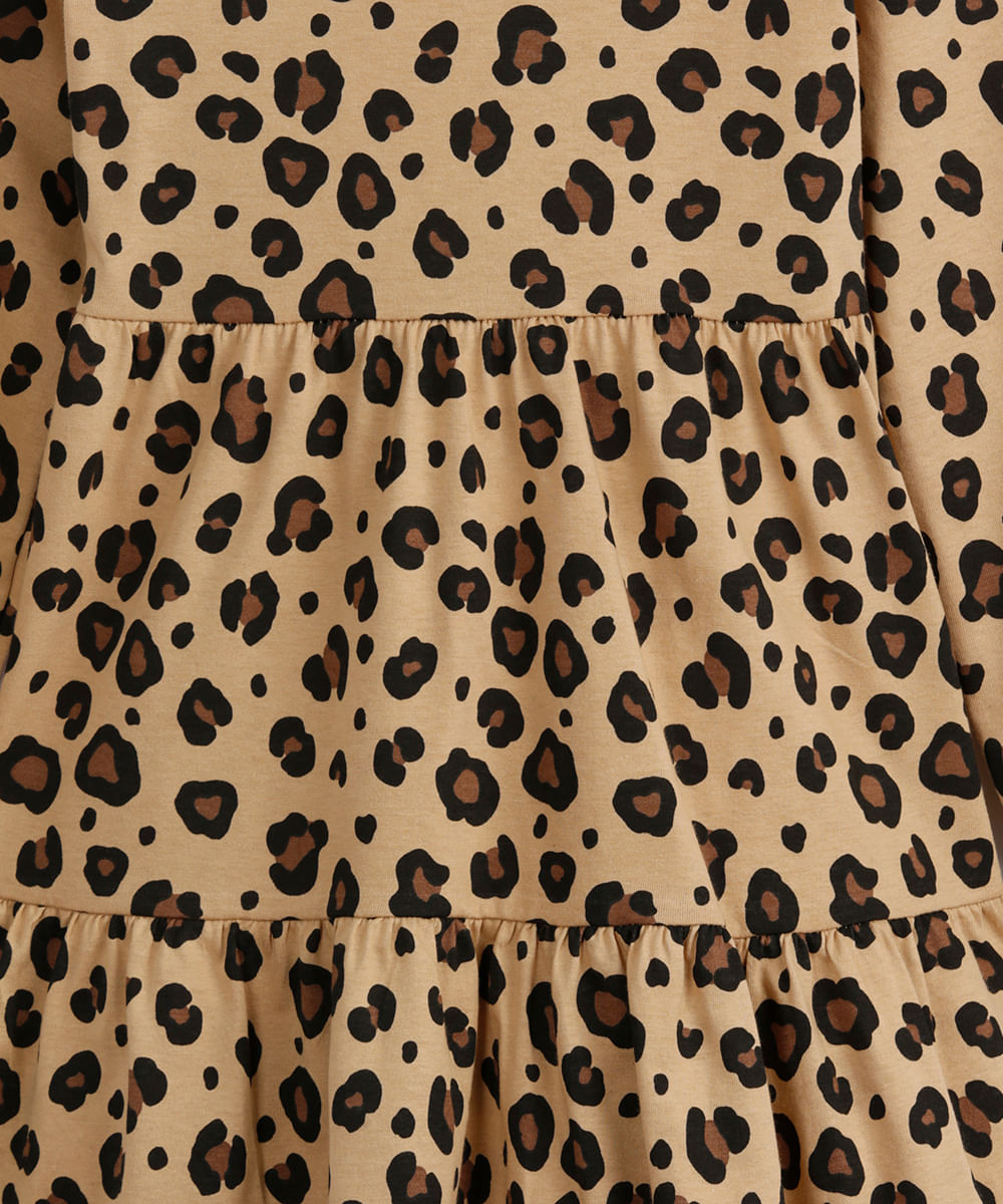 vestido de algodão infantil manga longa animal print bege