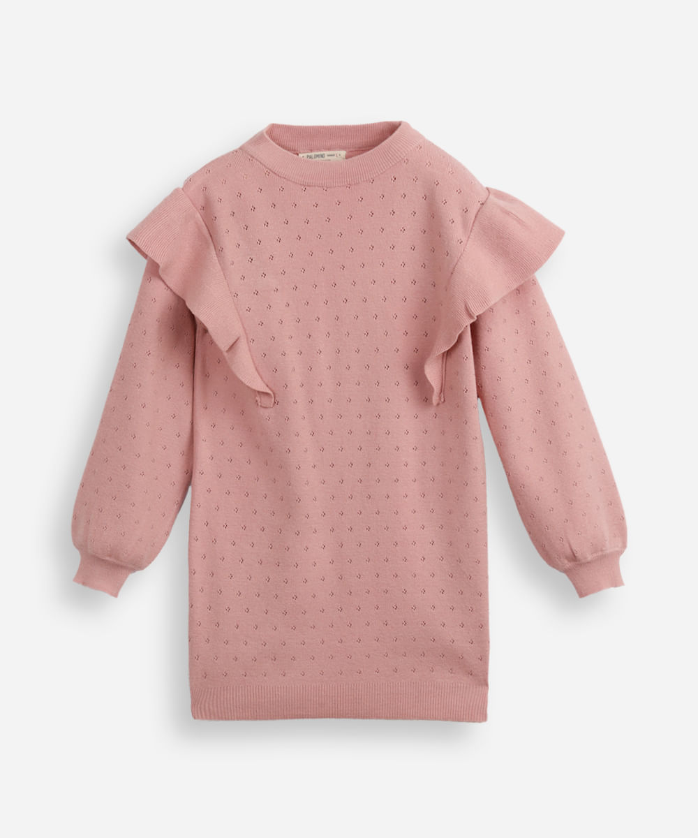 vestido infantil de tricot manga longa com babados rosa