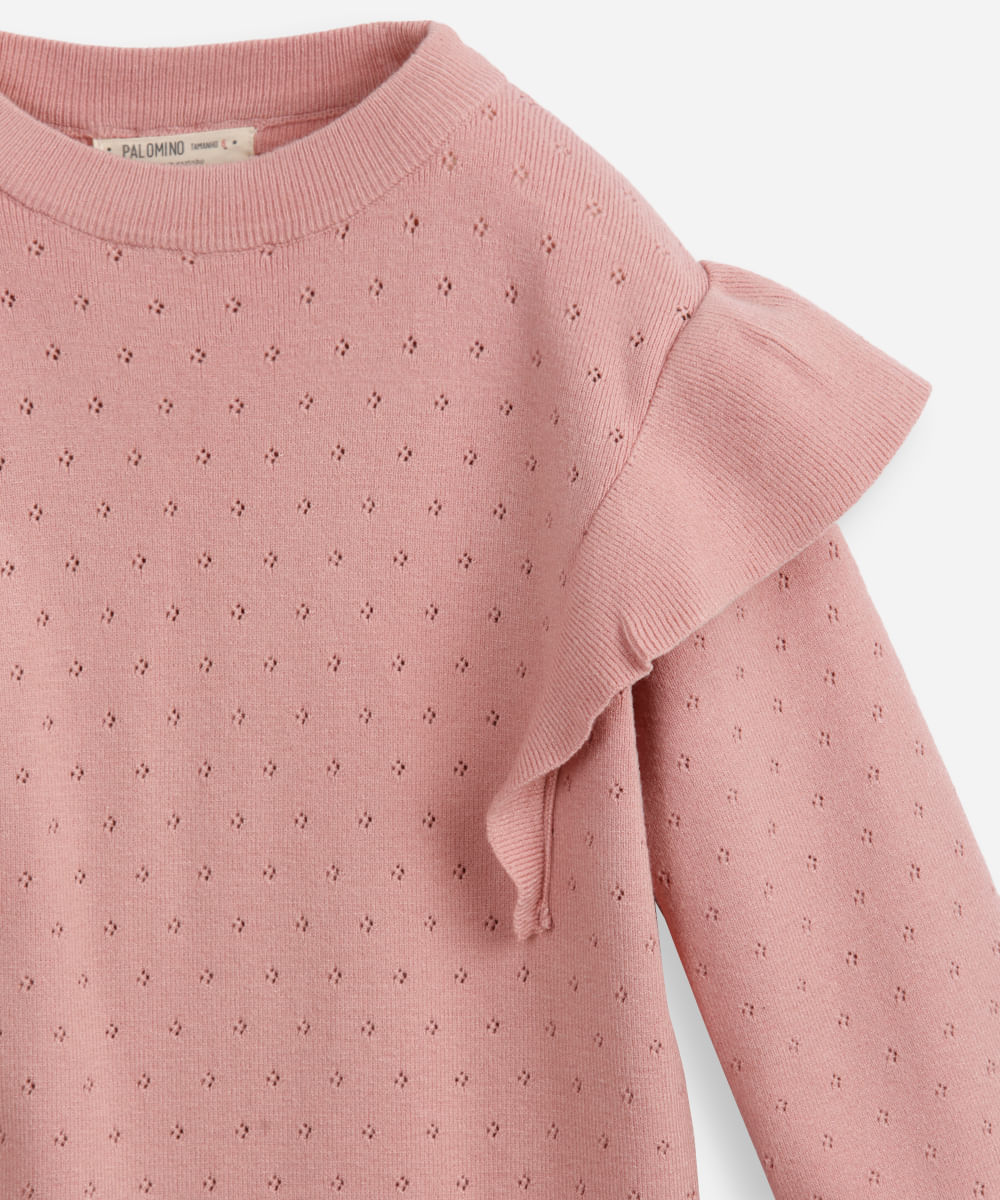 vestido infantil de tricot manga longa com babados rosa