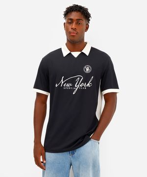 camiseta masculina manga curta new york com gola preta