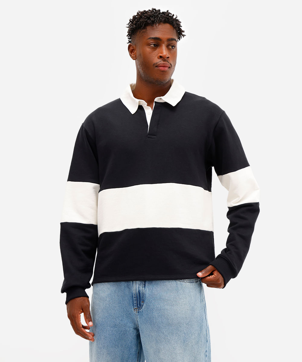 polo masculina manga longa com recorte bicolor preta