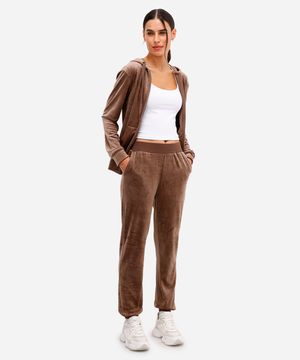 calça reta de plush cintura alta esportiva ace marrom
