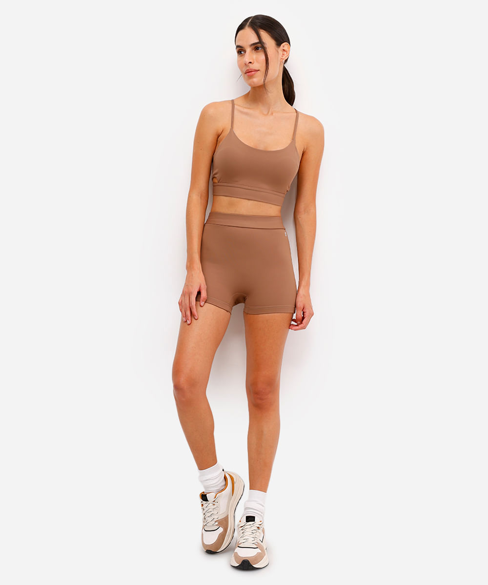 short feminino esportivo cintura alta marrom