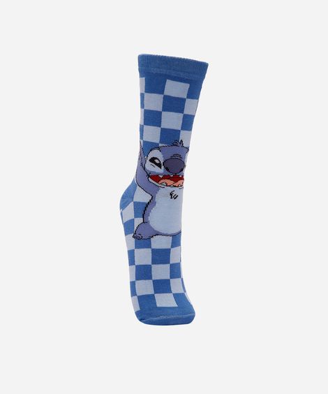 meia feminina cano longo stitch xadrez azul