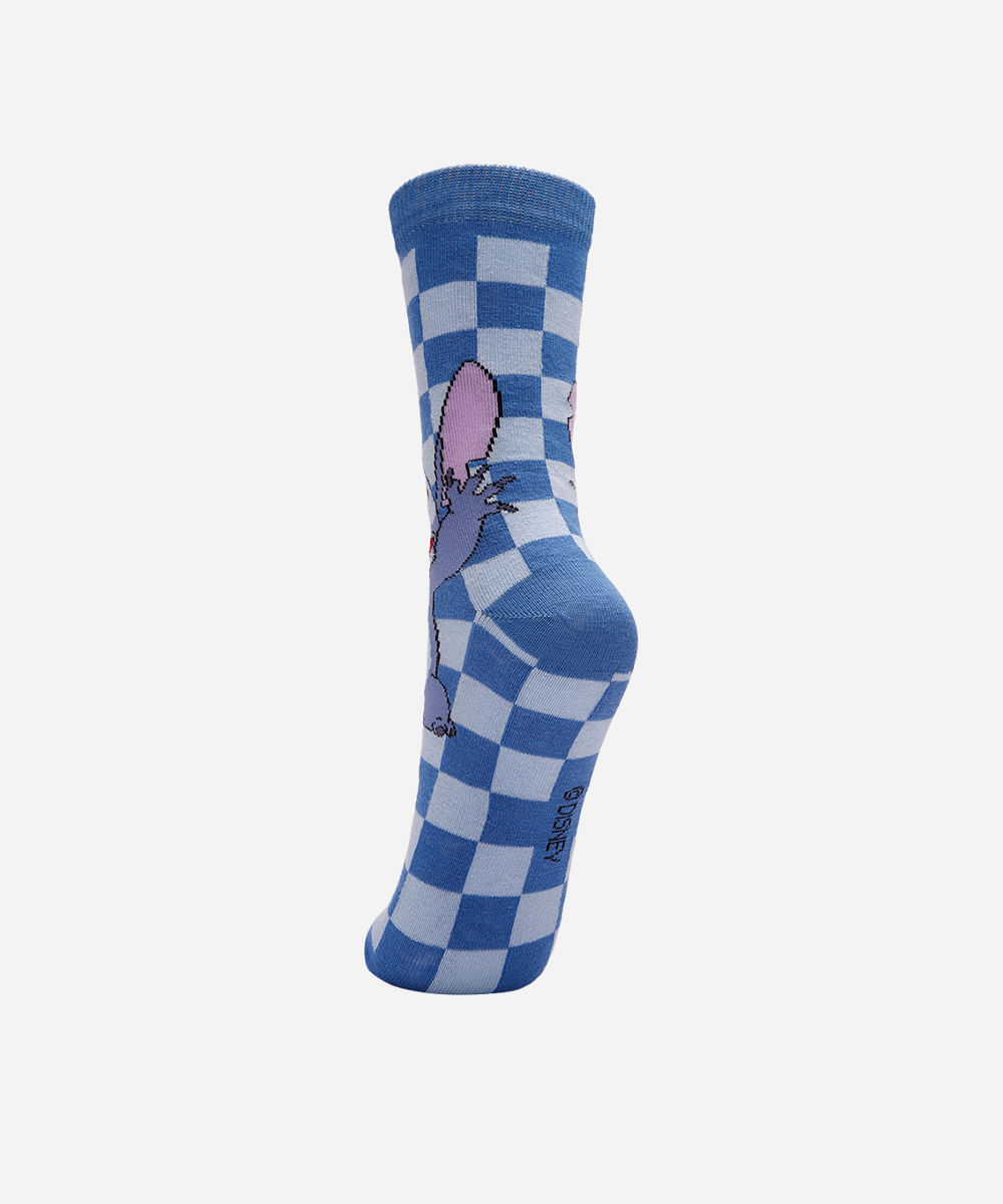 meia feminina cano longo stitch xadrez azul