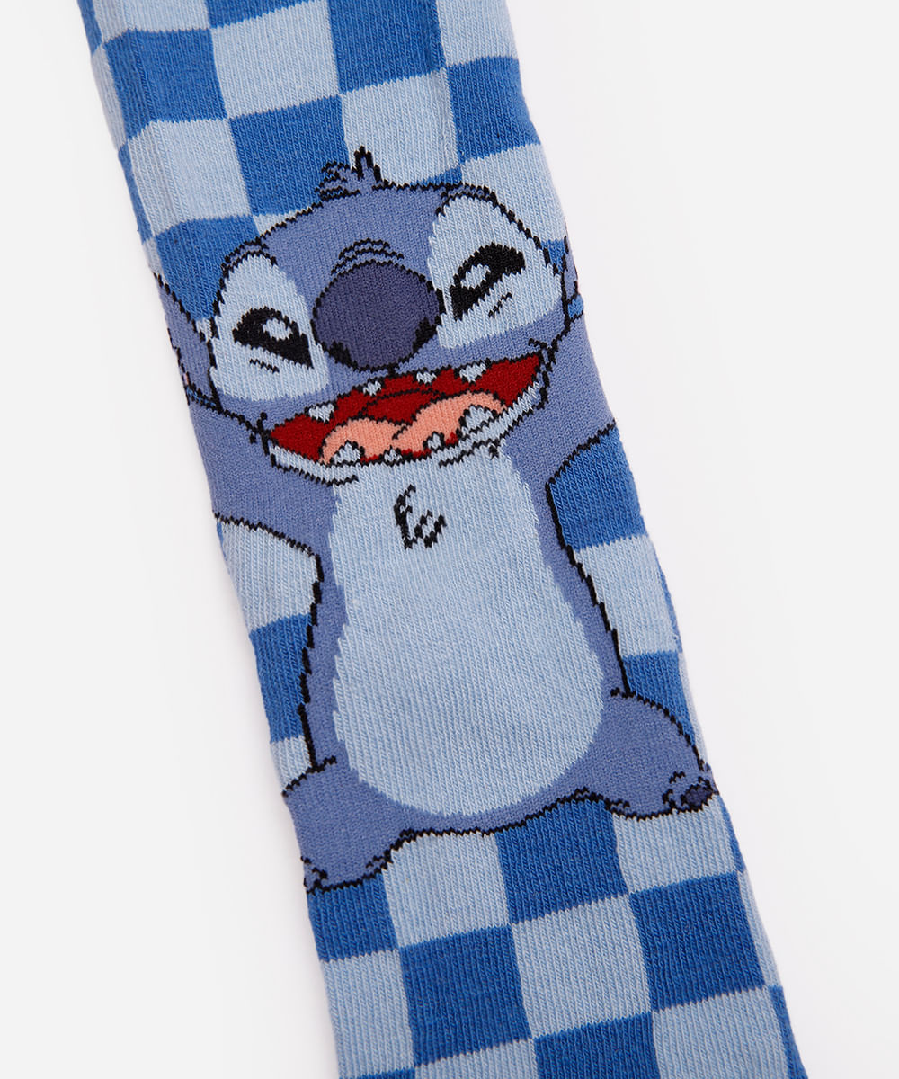 meia feminina cano longo stitch xadrez azul