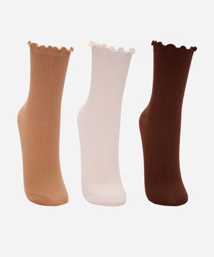 kit de 3 meias femininas cano médio com fru fru colorida