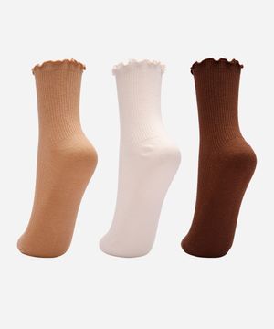 kit de 3 meias femininas cano médio com fru fru colorida