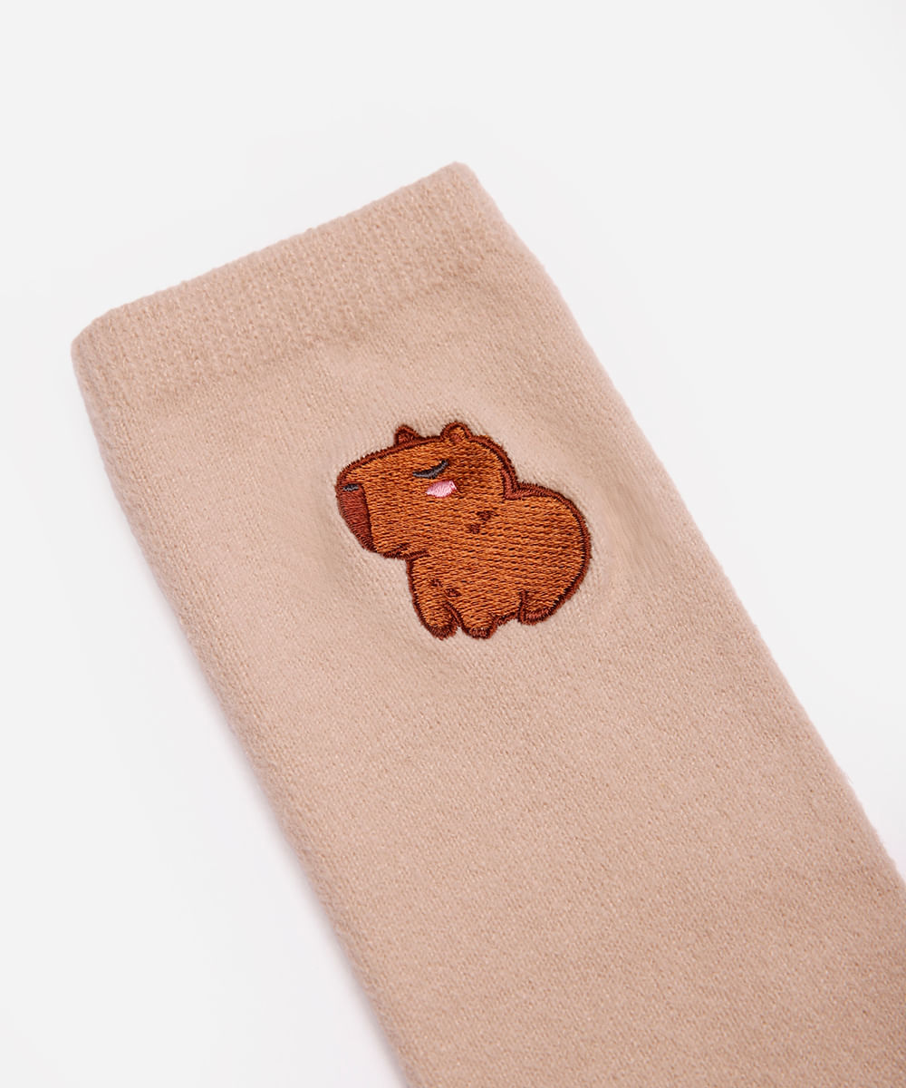 par de meia feminina de tricot cano alto capivara marrom