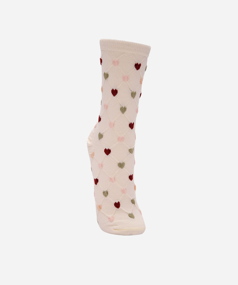 meia feminina cano longo texturizada coração off white
