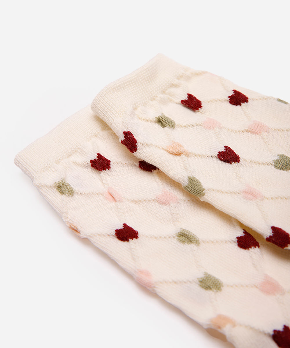 meia feminina cano longo texturizada coração off white