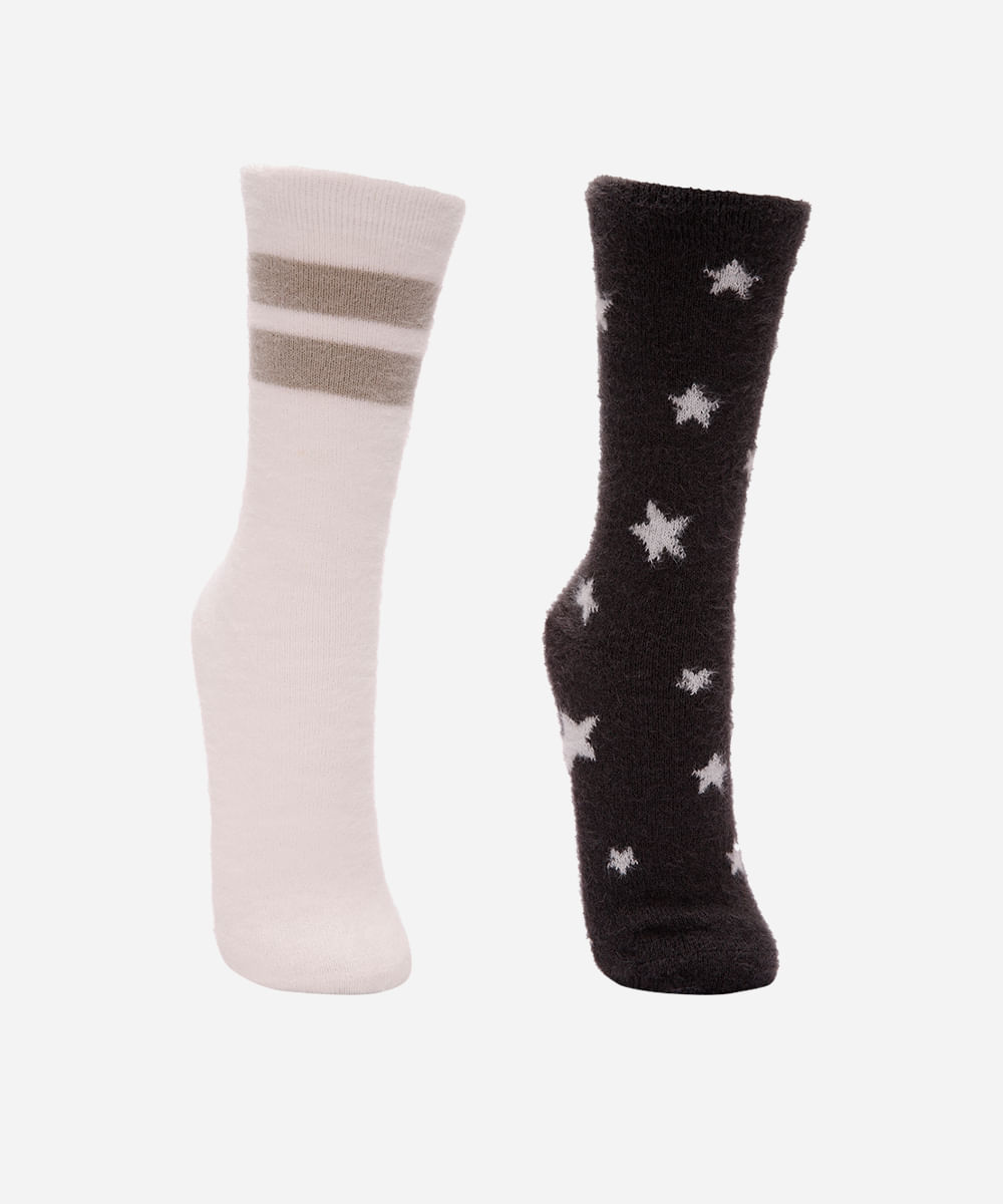 kit de 2 meias femininas cano alto estrelinha colorida