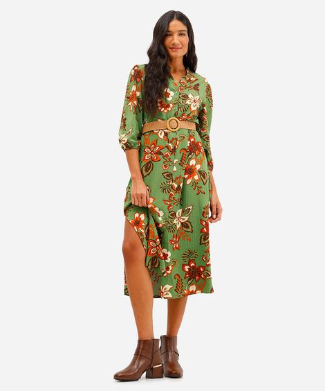 vestido chemise feminino de viscose floral com lurex e cinto verde