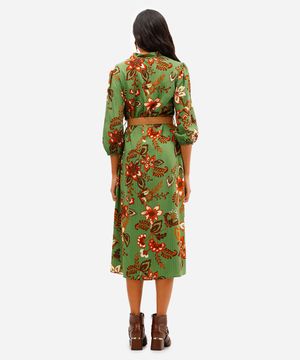 vestido chemise feminino de viscose floral com lurex e cinto verde