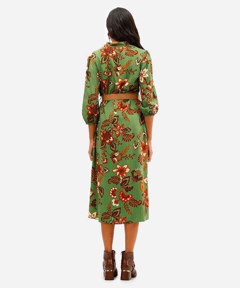 vestido chemise feminino de viscose floral com lurex e cinto verde