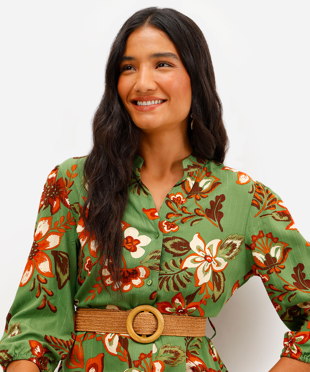 vestido chemise feminino de viscose floral com lurex e cinto verde