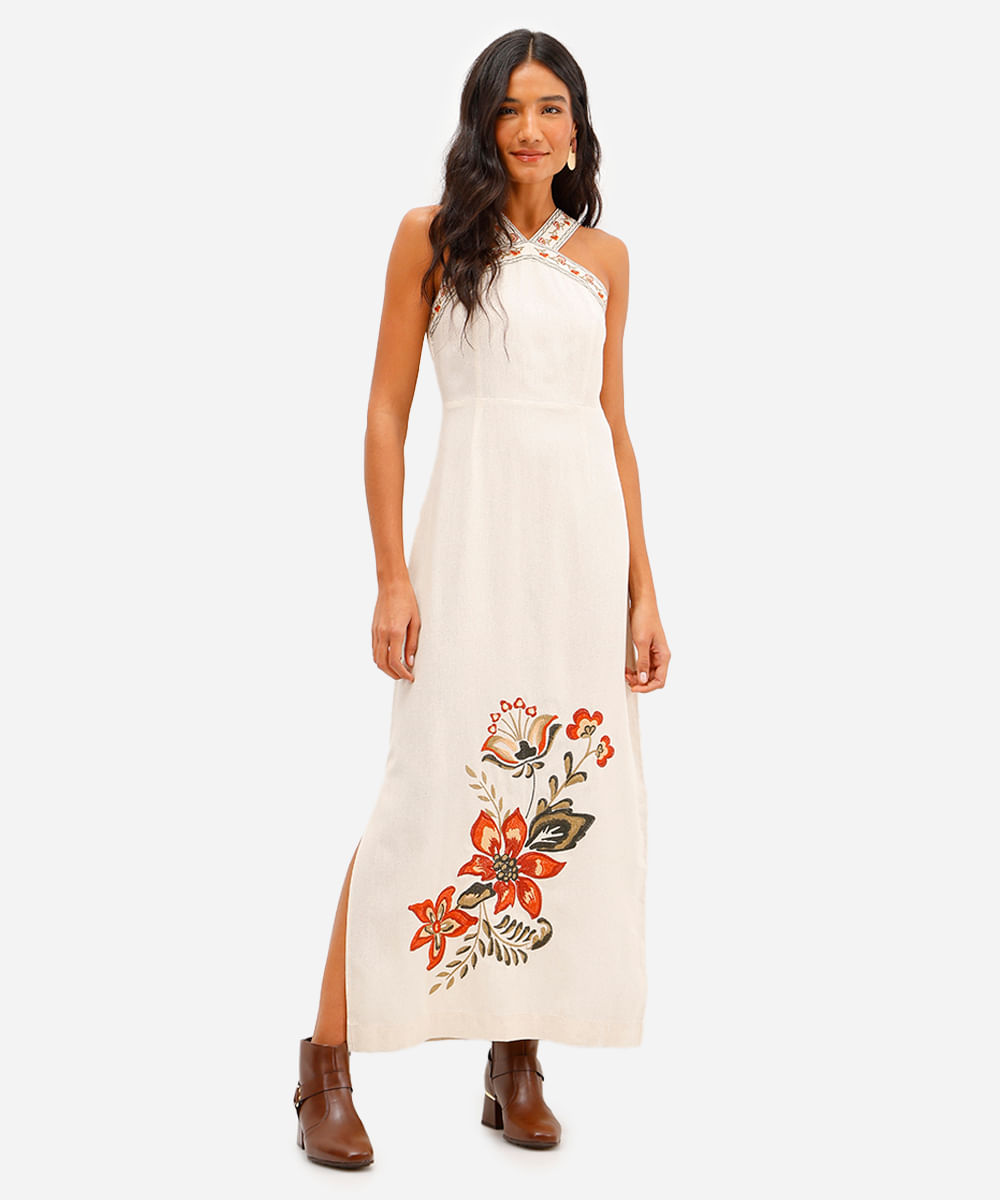 vestido midi halterneck feminino com linho bordado floral bege