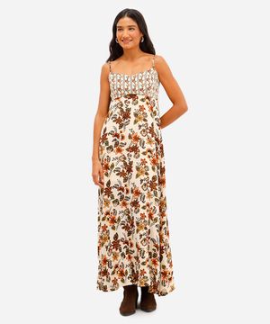 vestido longo feminino de viscose floral com lurex bege