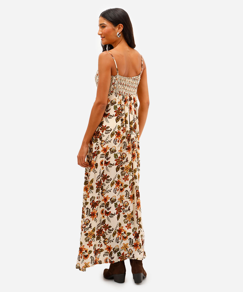 vestido longo feminino de viscose floral com lurex bege