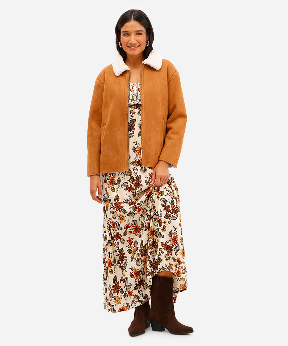 vestido longo feminino de viscose floral com lurex bege
