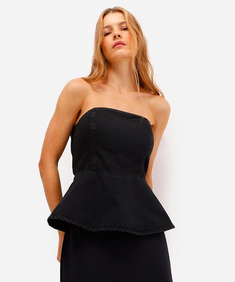 blusa sem alça feminina jeans com peplum preta