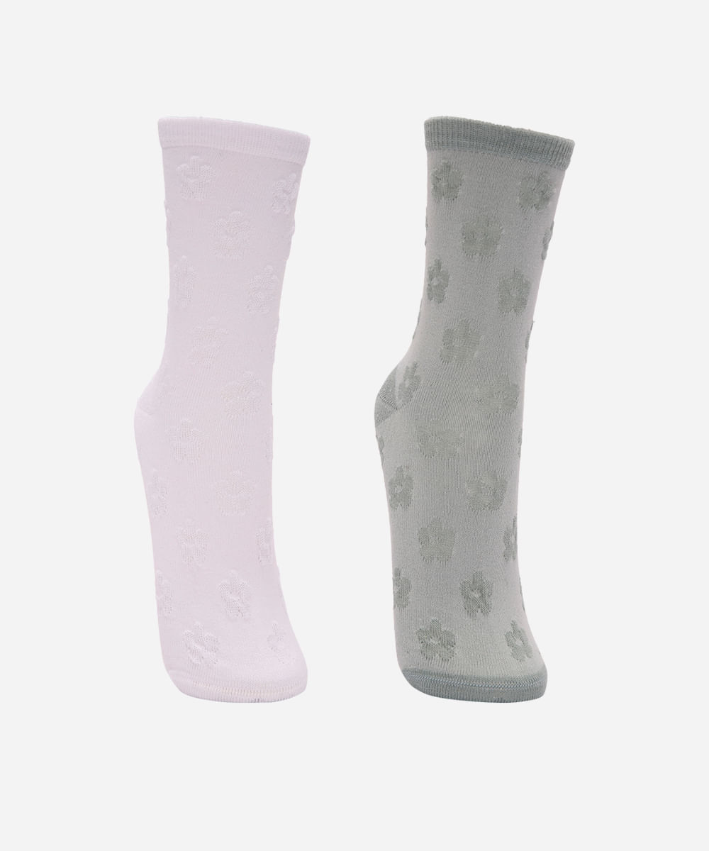 kit de 2 meias cano longo texturizada floral colorida