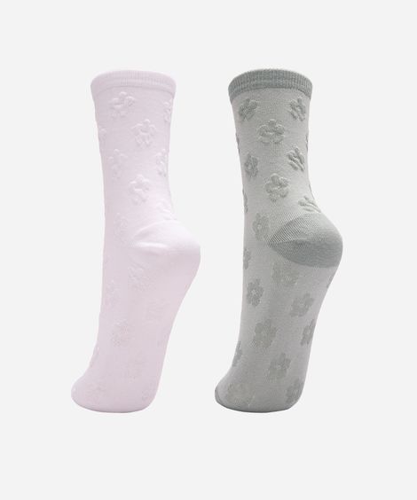 kit de 2 meias cano longo texturizada floral colorida