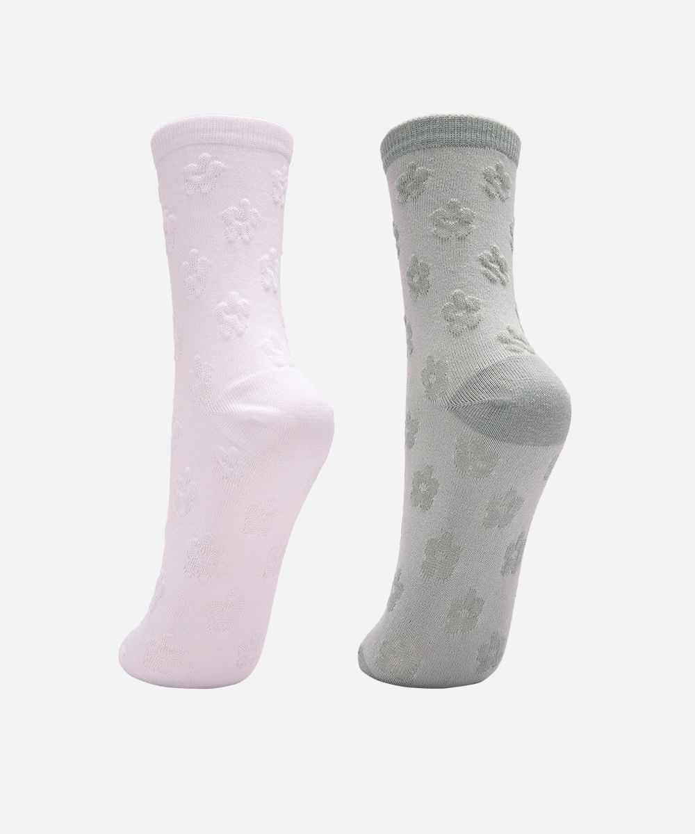 kit de 2 meias cano longo texturizada floral colorida