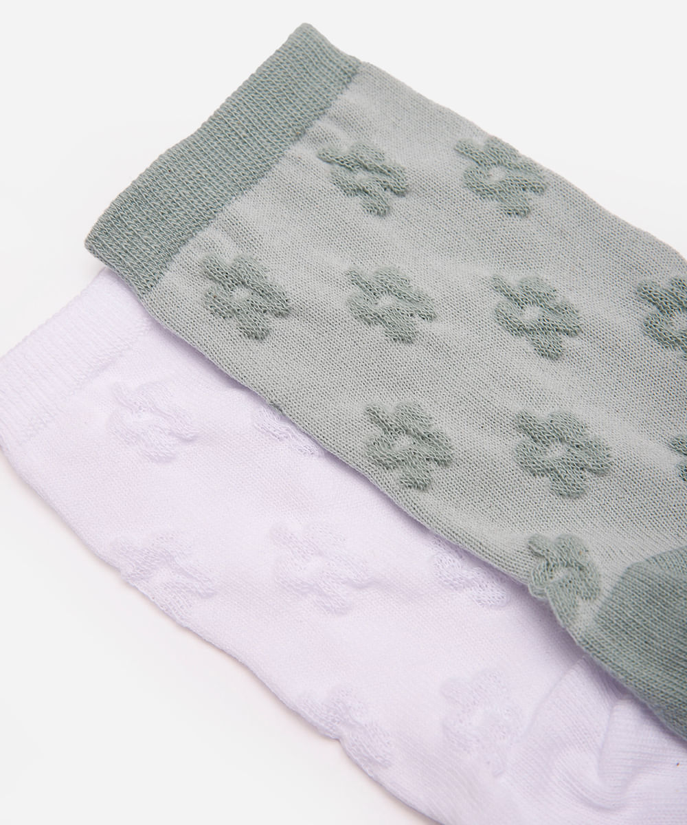 kit de 2 meias cano longo texturizada floral colorida